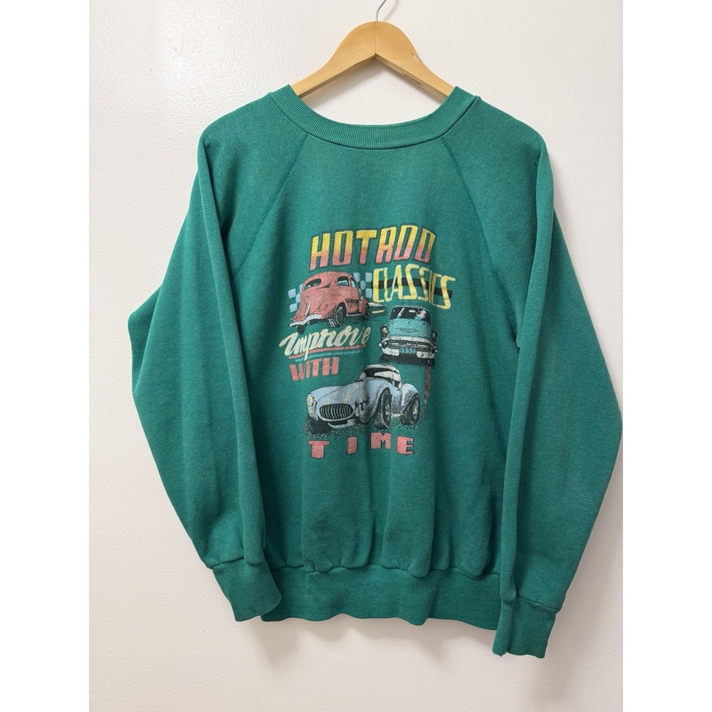 Vintage 70s Hot Rod Classics Green Crewneck Sweatshirt Men's XL Distressed USA